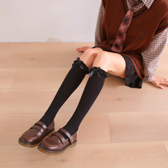 Ruffled Lace Velvet Socks with Bow