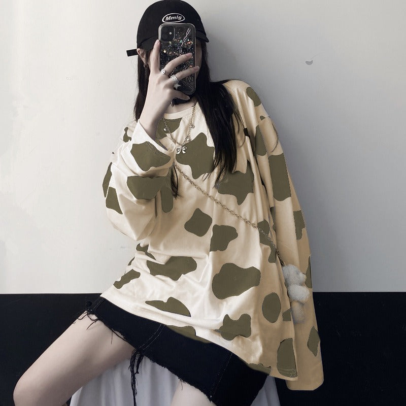 Cow Print Oversize Long Sleeve Top