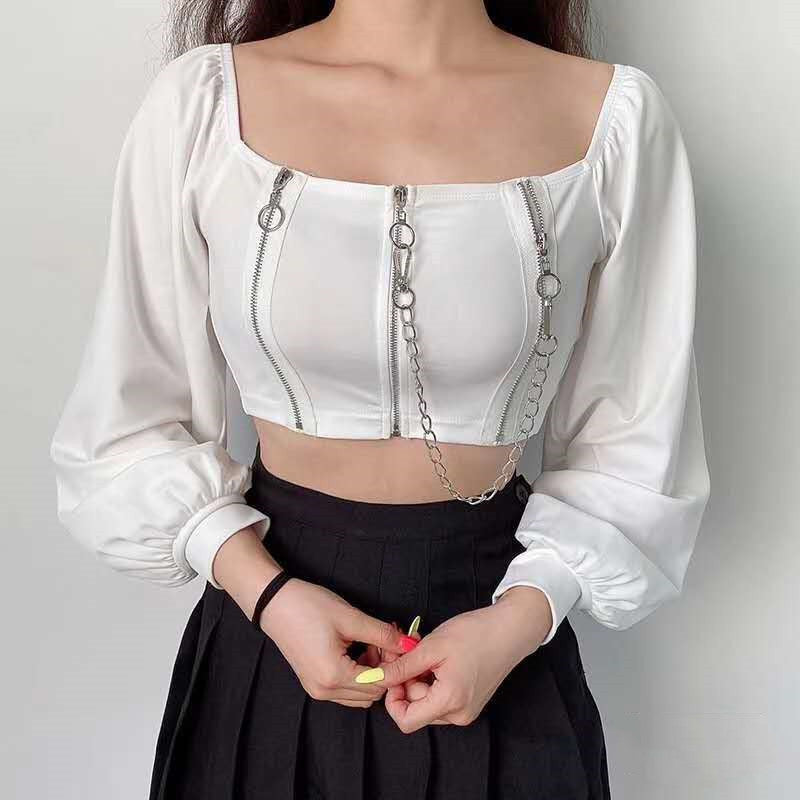 Gothic Square Neck Crop Top With Chain