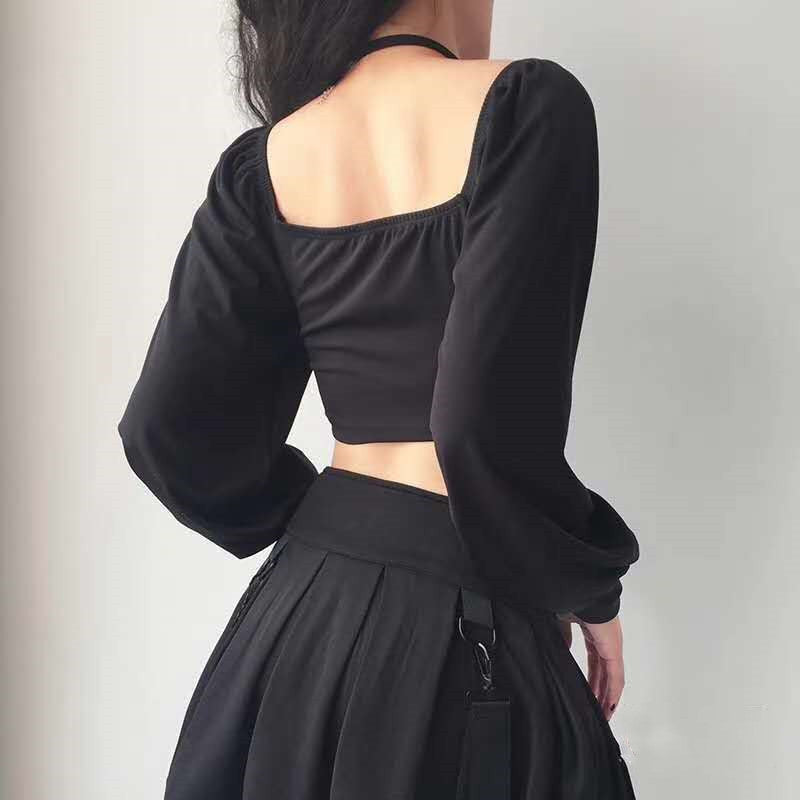 Gothic Square Neck Crop Top With Chain