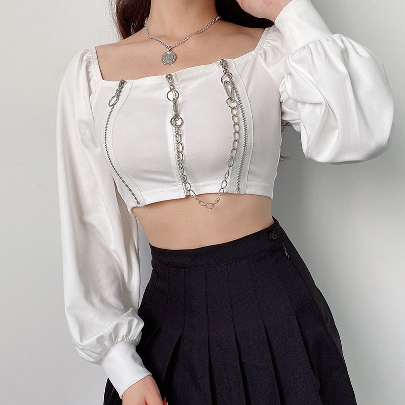Gothic Square Neck Crop Top With Chain