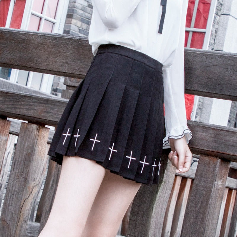 Academy Cross Embroidery Pleated Skirt