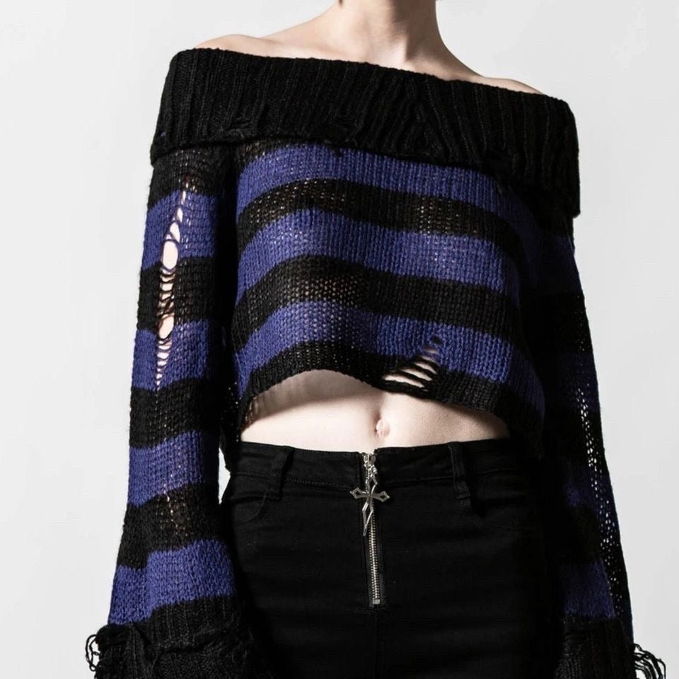 Stripe Off Shoulder Emo Crop Sweater