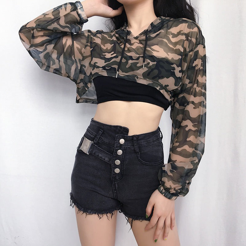 Fashion Camouflage Sheer Crop Hoodie