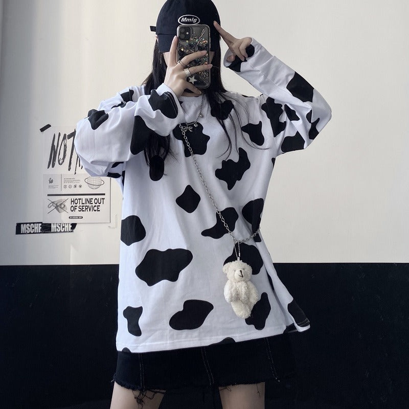 Cow Print Oversize Long Sleeve Top