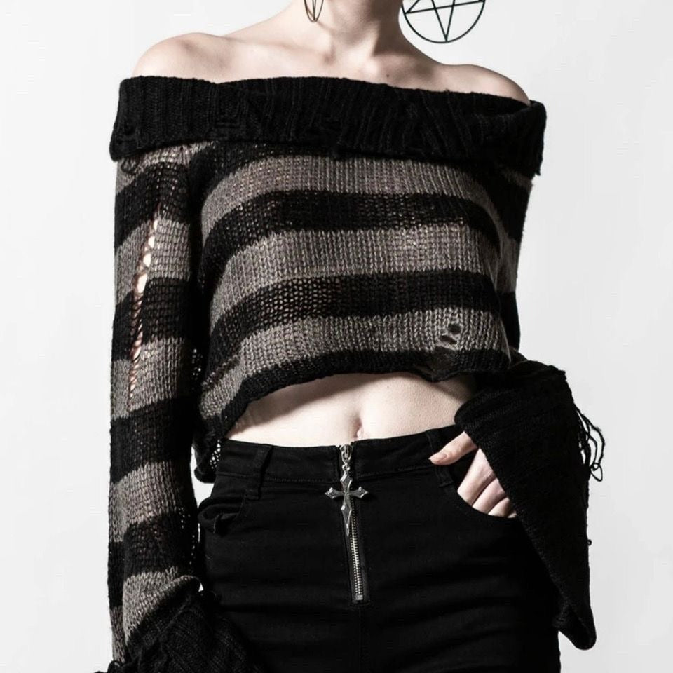 Stripe Off Shoulder Emo Crop Sweater