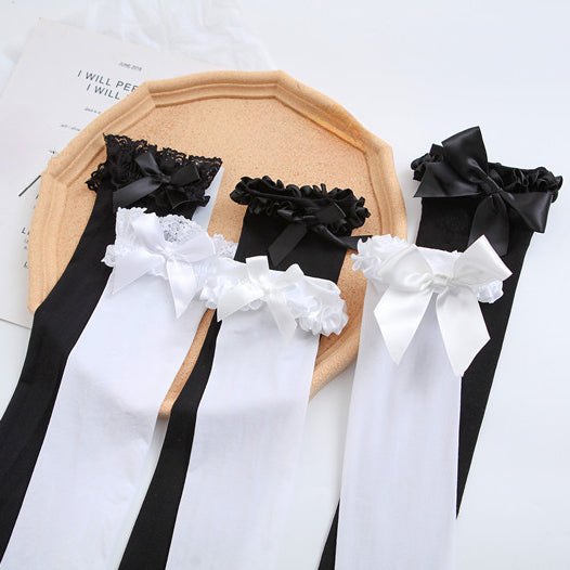 Ruffled Lace Velvet Socks with Bow