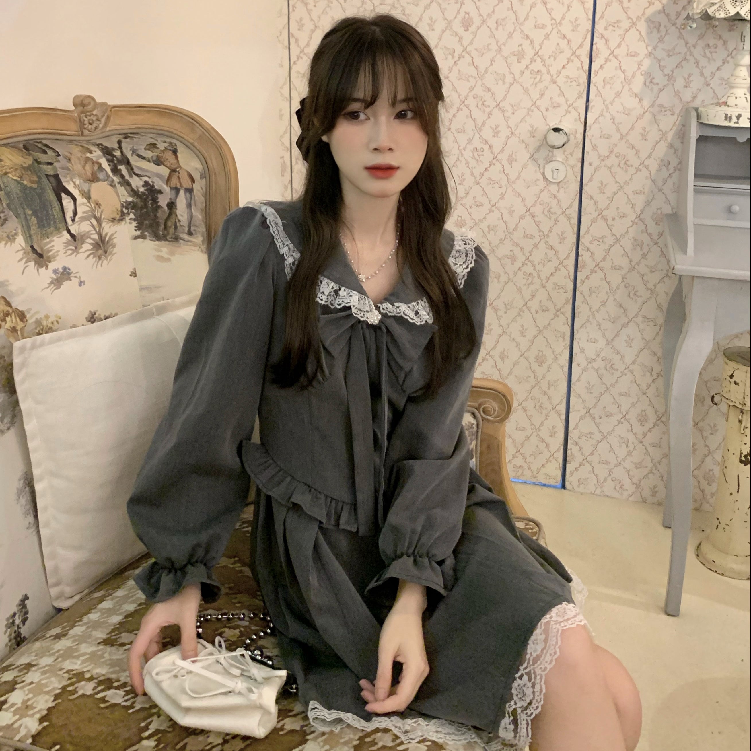 Gray Doll Collar Lace Sissy Dress.