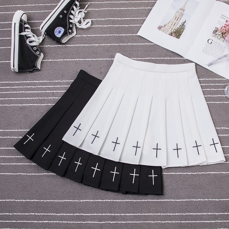Academy Cross Embroidery Pleated Skirt