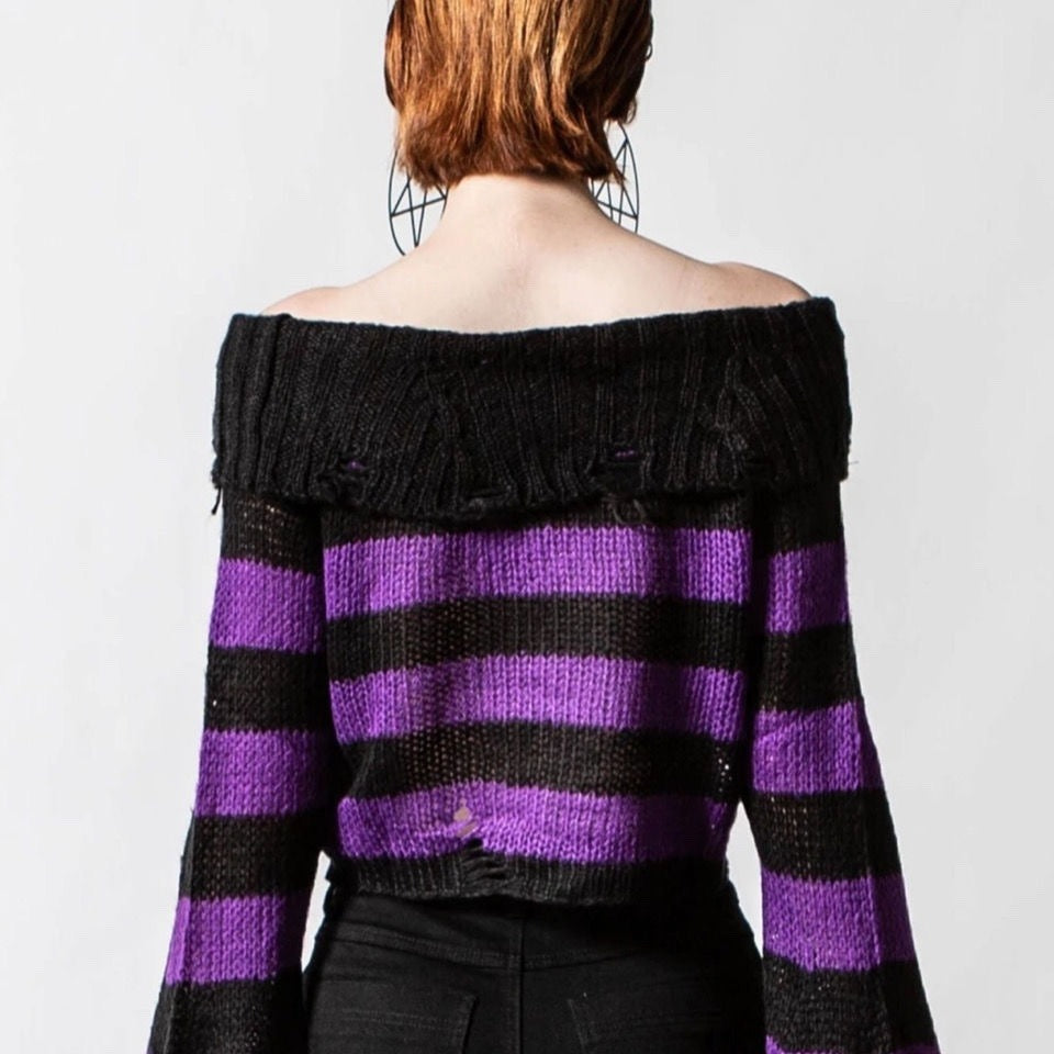 Stripe Off Shoulder Emo Crop Sweater