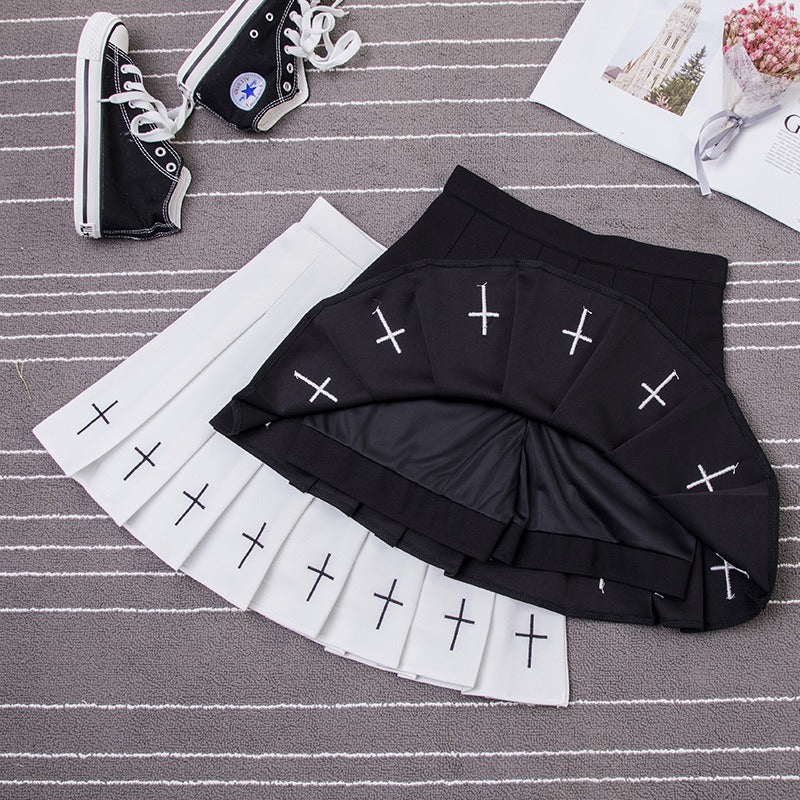 Academy Cross Embroidery Pleated Skirt