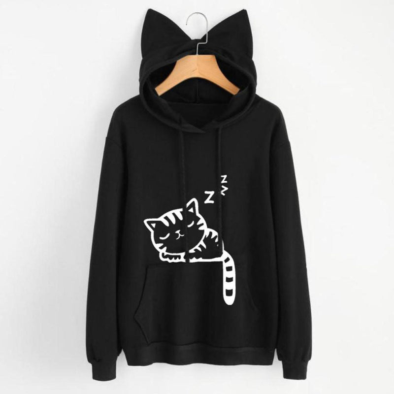 Black femboy hoodie with cat ears and a sleeping cat design on a white background
