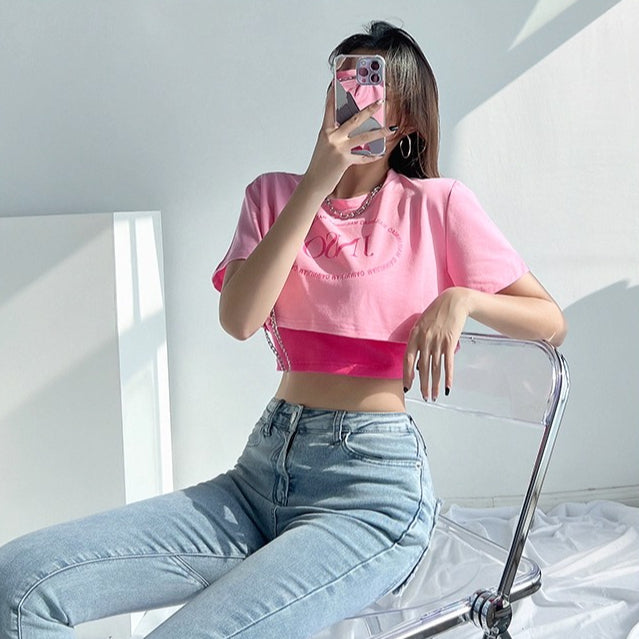 Letter T-shirt with Chain & Tank Crop Top Set