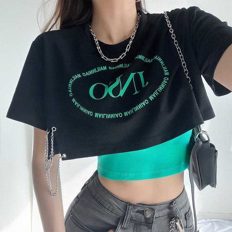 Letter T-shirt with Chain & Tank Crop Top Set