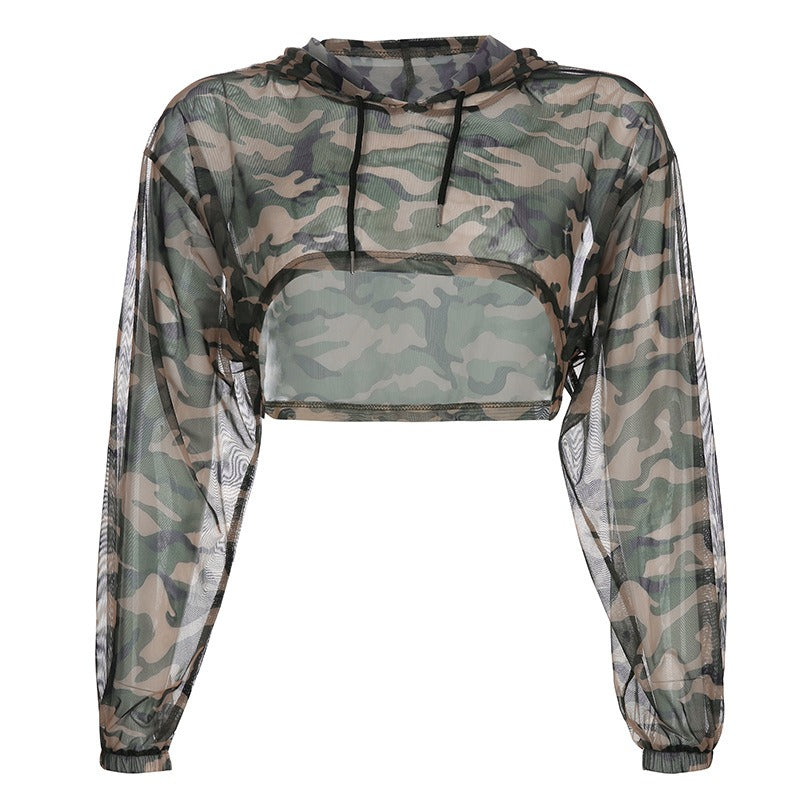 Fashion Camouflage Sheer Crop Hoodie