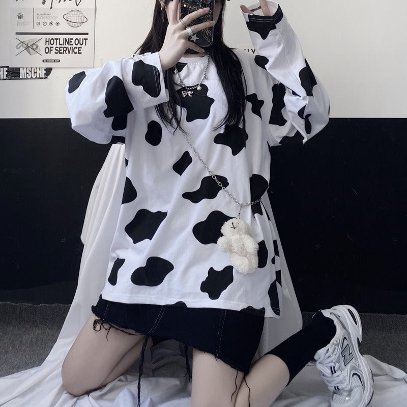Cow Print Oversize Long Sleeve Top
