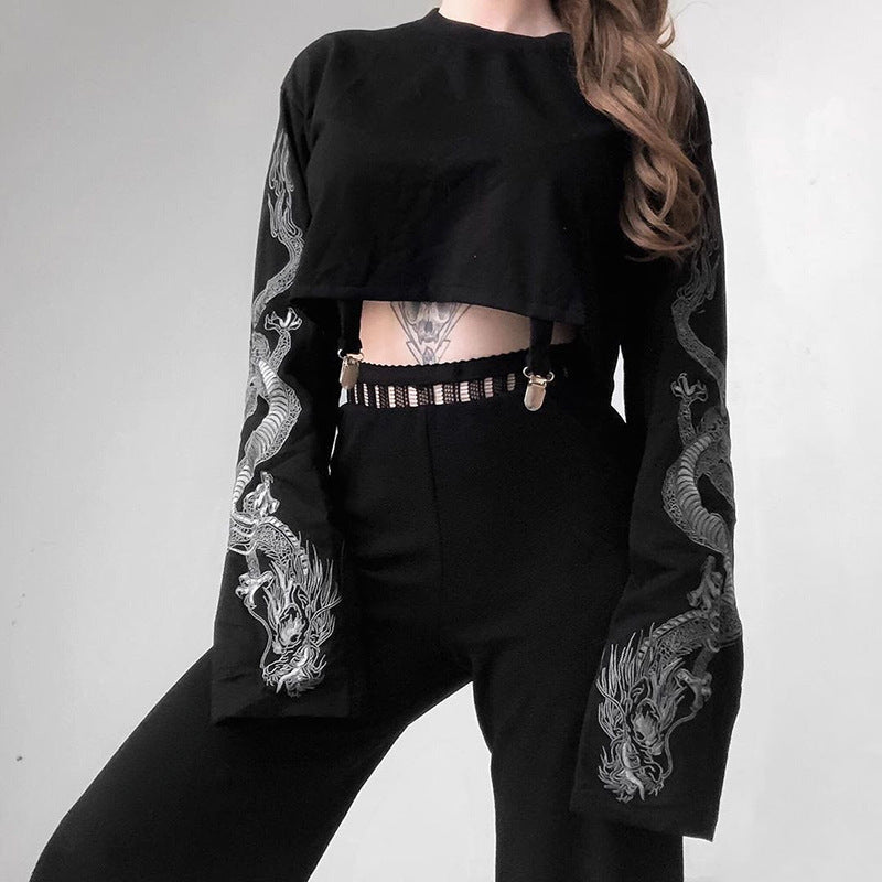 Dragon Pattern Cropped Sweatshirt