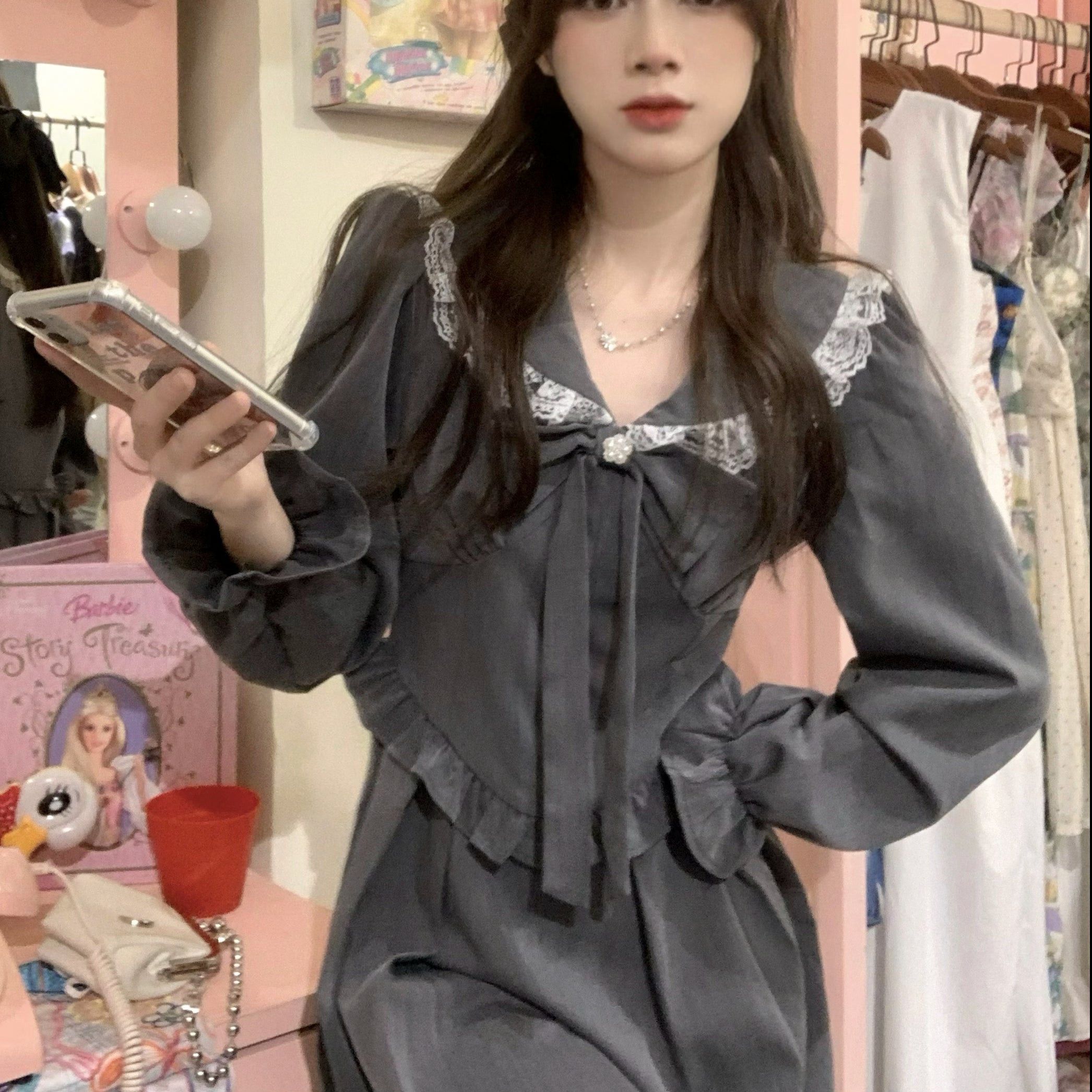 Gray Doll Collar Lace Sissy Dress.