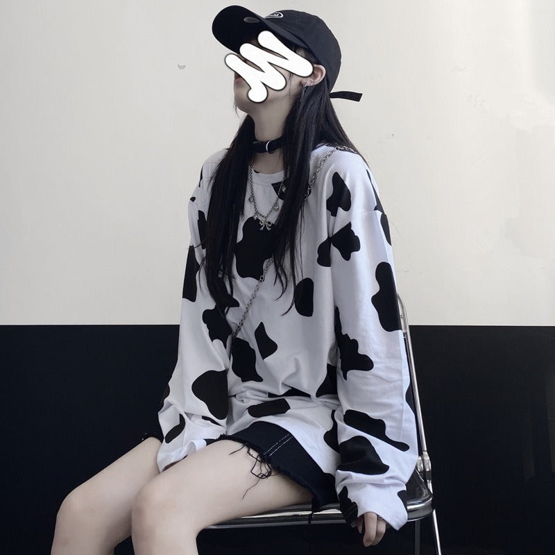 Cow Print Oversize Long Sleeve Top