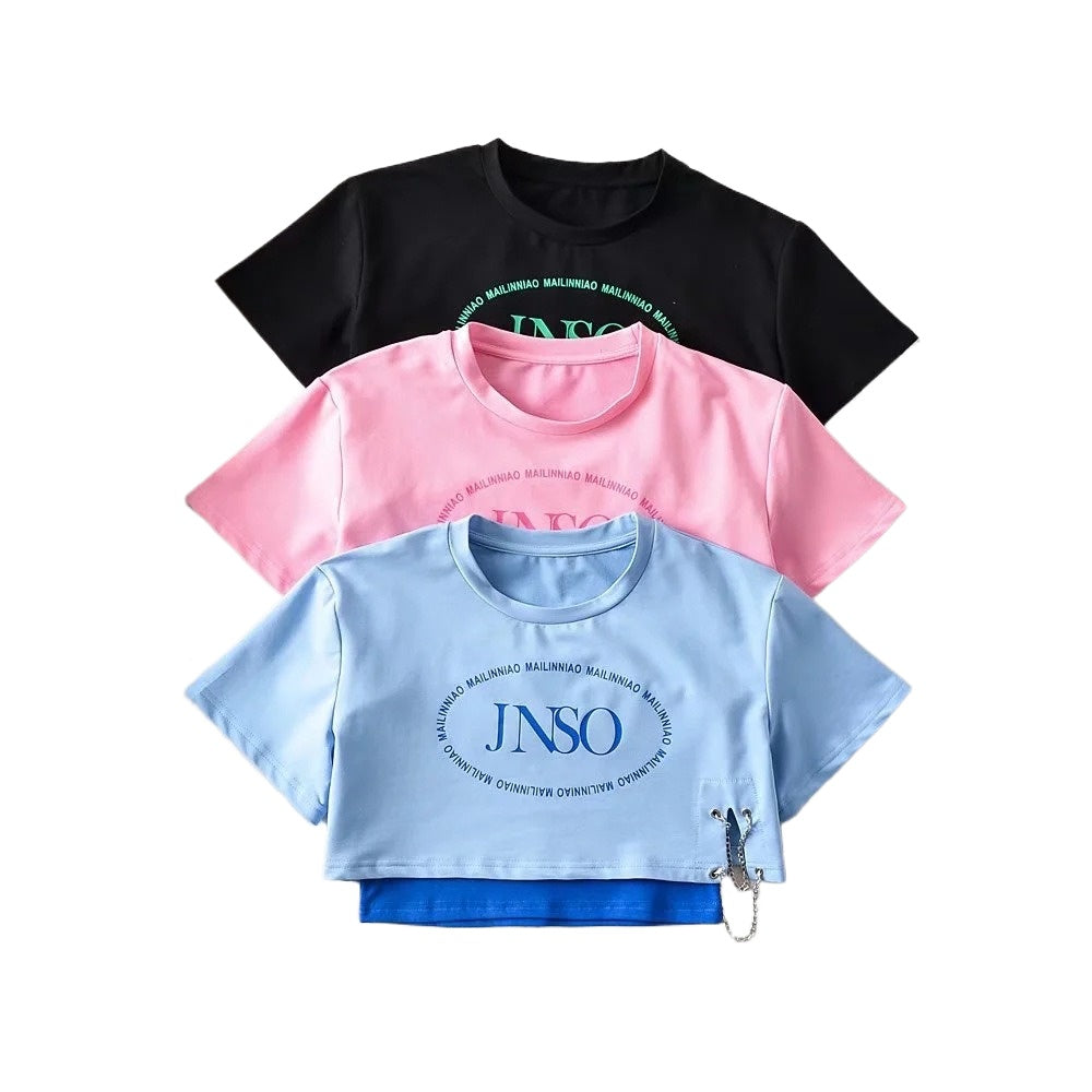Letter T-shirt with Chain & Tank Crop Top Set