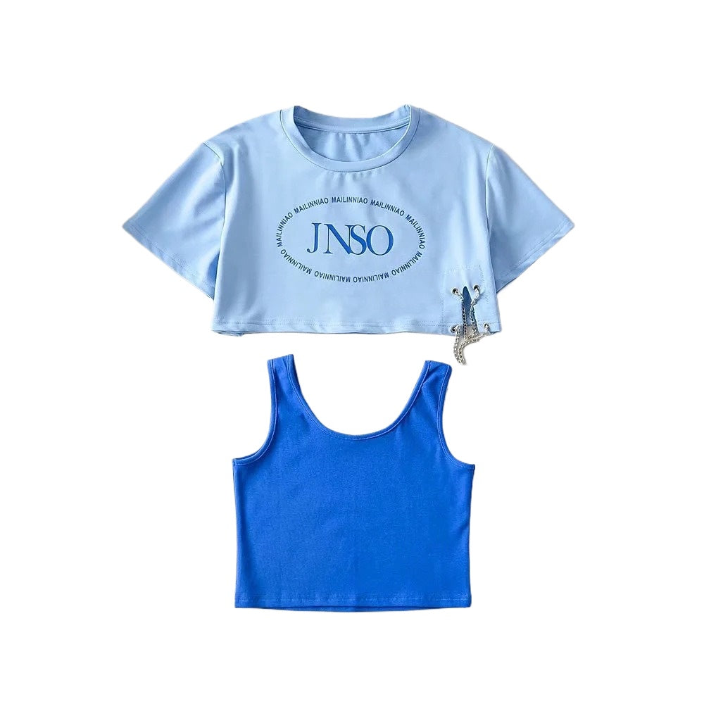 Letter T-shirt with Chain & Tank Crop Top Set