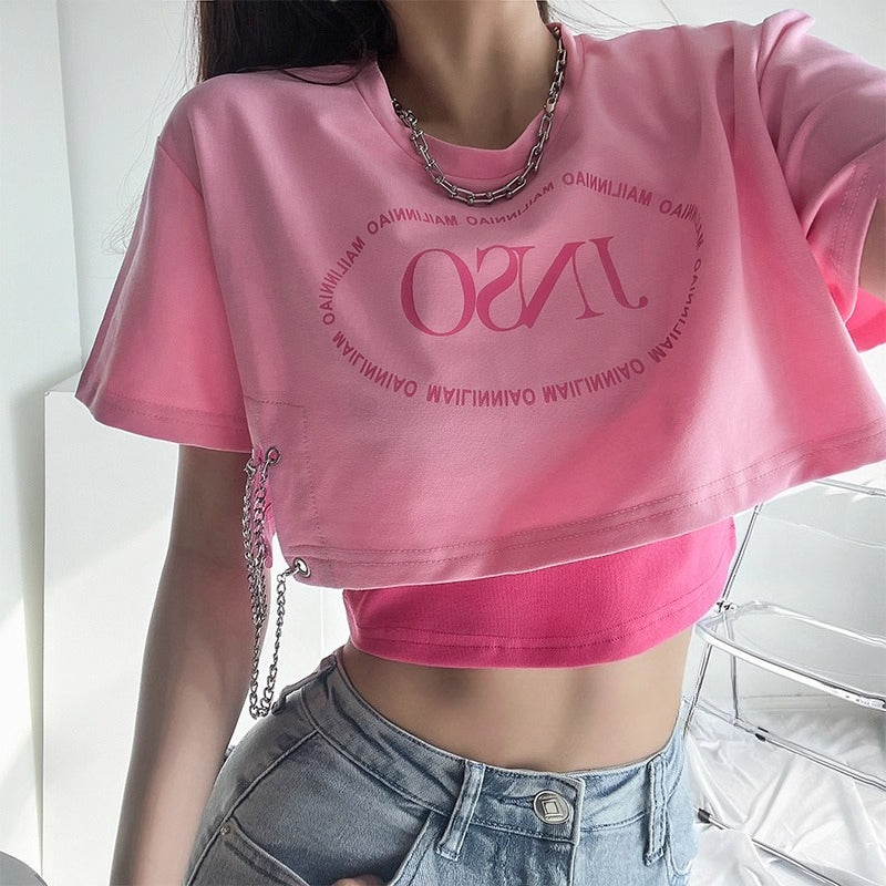 Letter T-shirt with Chain & Tank Crop Top Set