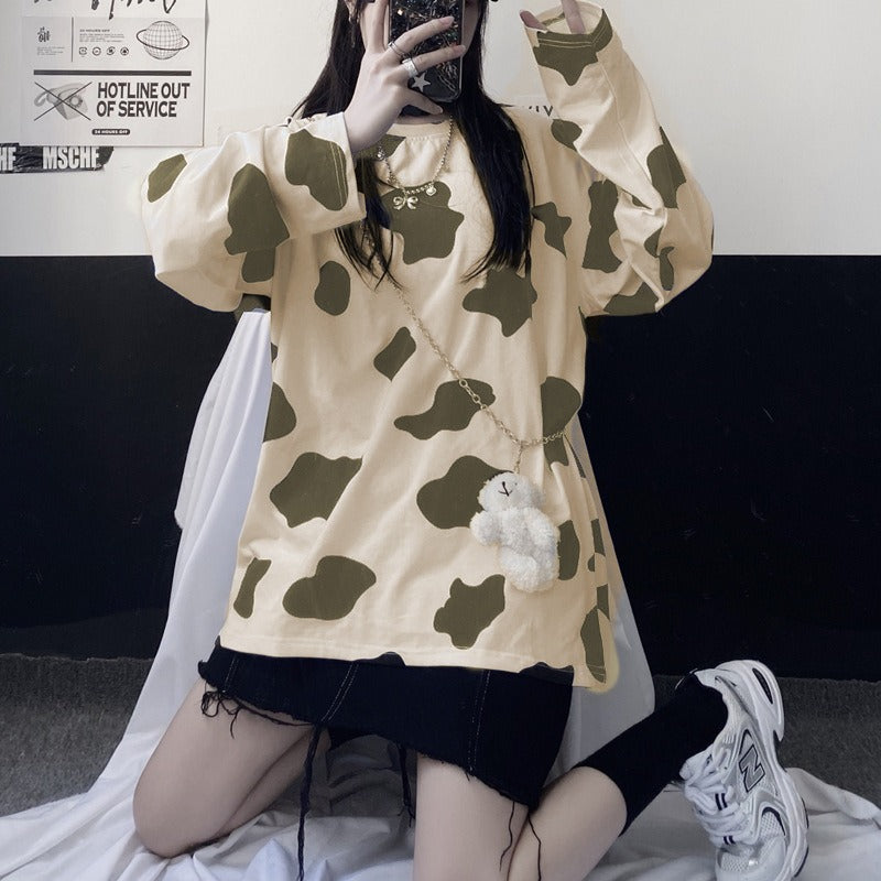Cow Print Oversize Long Sleeve Top
