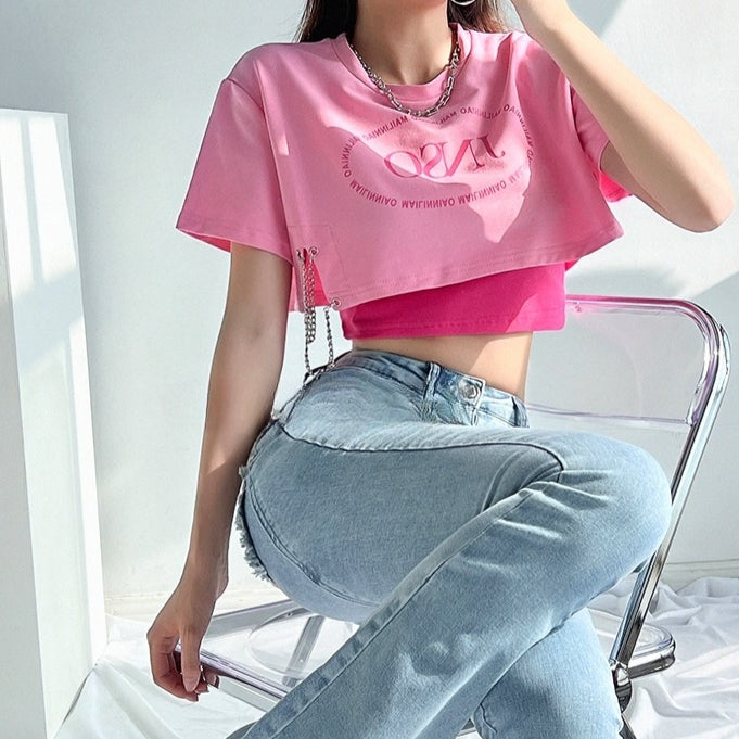 Letter T-shirt with Chain & Tank Crop Top Set