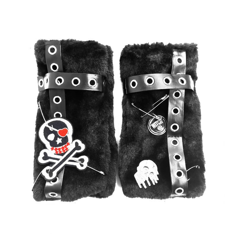 Black Skull Furry Mittens
