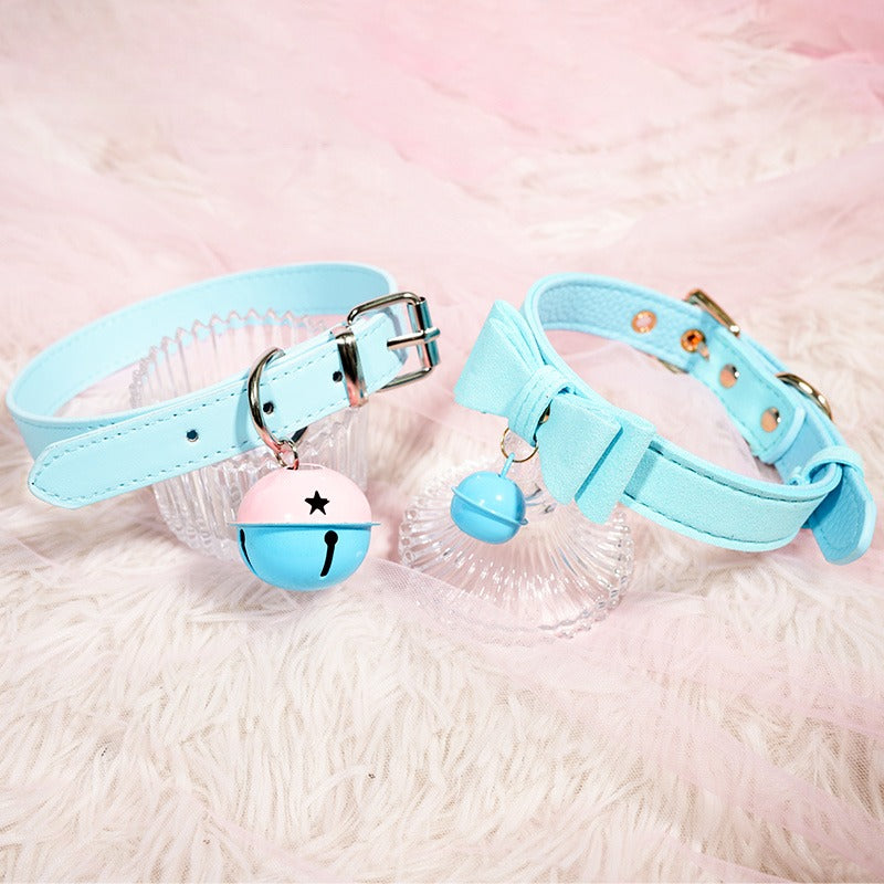 Blue Bow Leather Choker with Bell