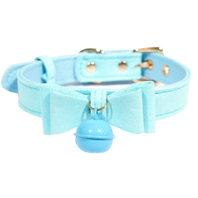 Blue Bow Leather Choker with Bell