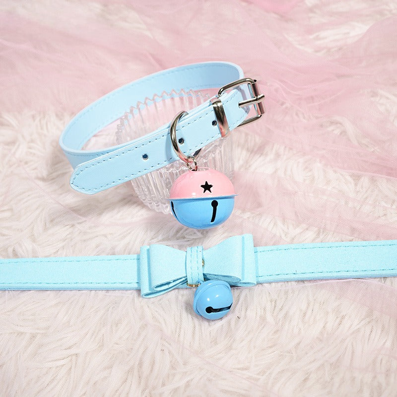 Blue Bow Leather Choker with Bell