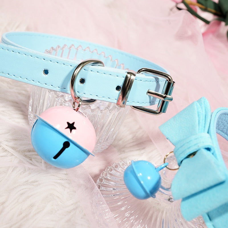 Blue Bow Leather Choker with Bell