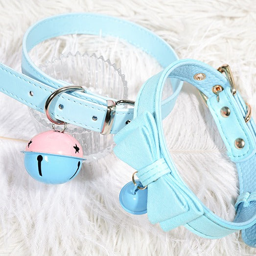 Blue Bow Leather Choker with Bell