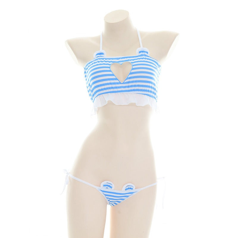 Cat Ear Heart Hollow Striped Bikini