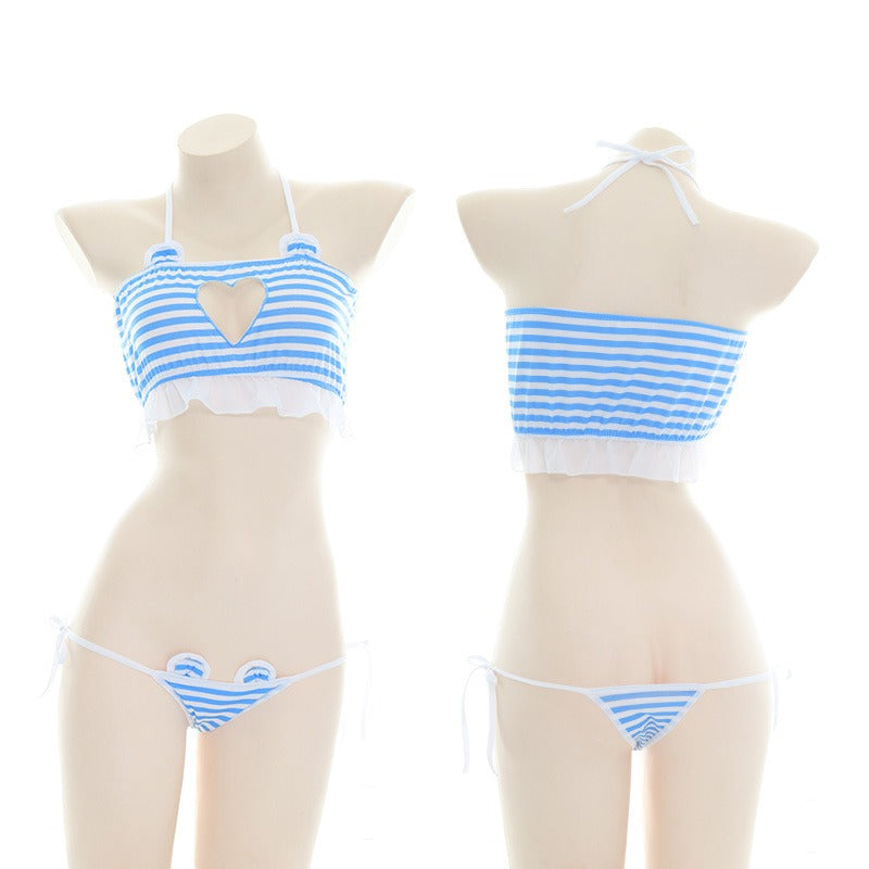 Cat Ear Heart Hollow Striped Bikini