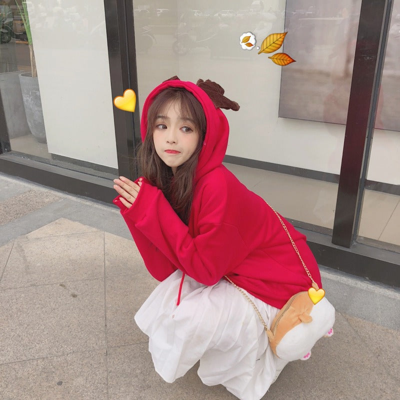 Cute Pullover Hoodie with Antler