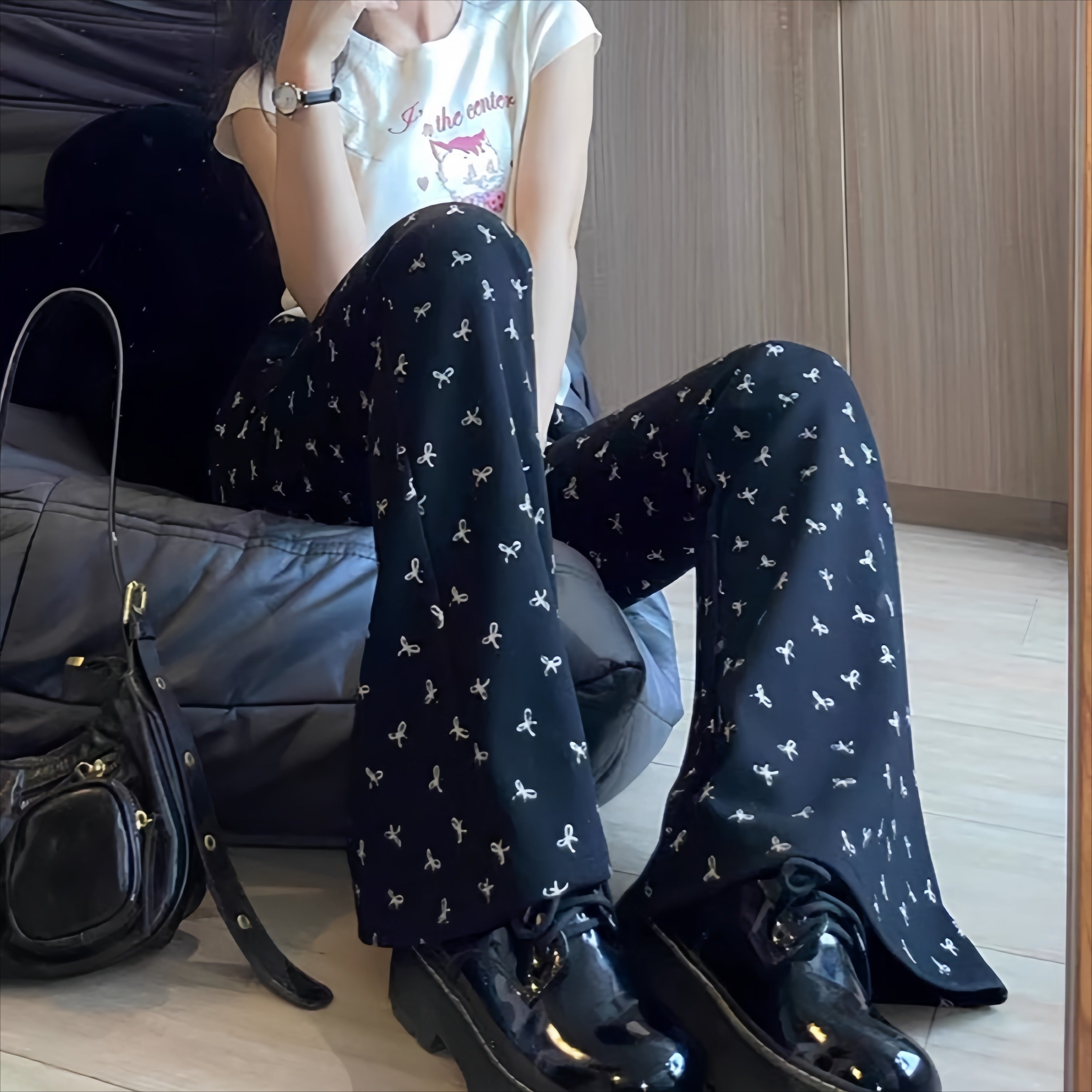 Elastic Waist Bow Print Flare Pants