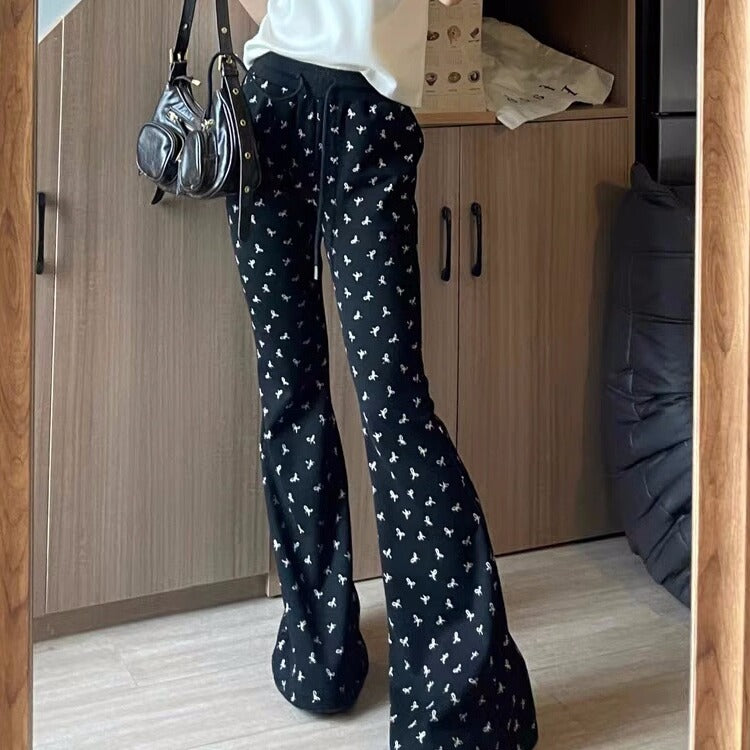 Elastic Waist Bow Print Flare Pants