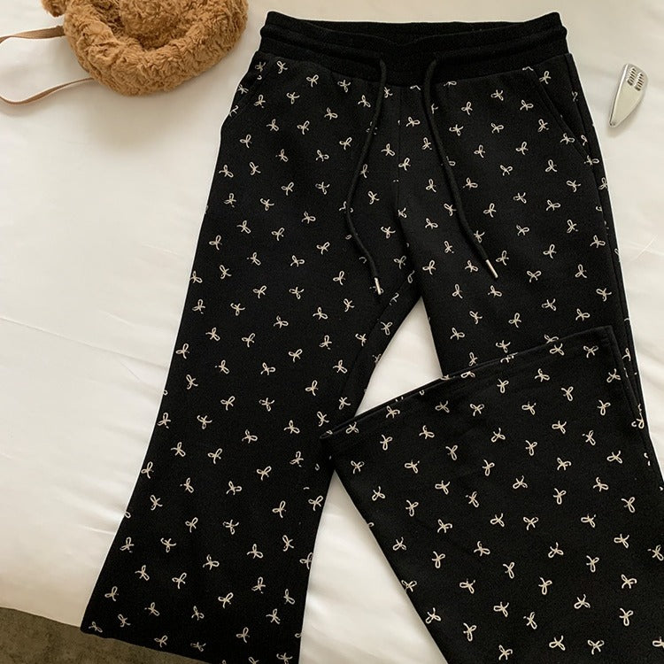 Elastic Waist Bow Print Flare Pants
