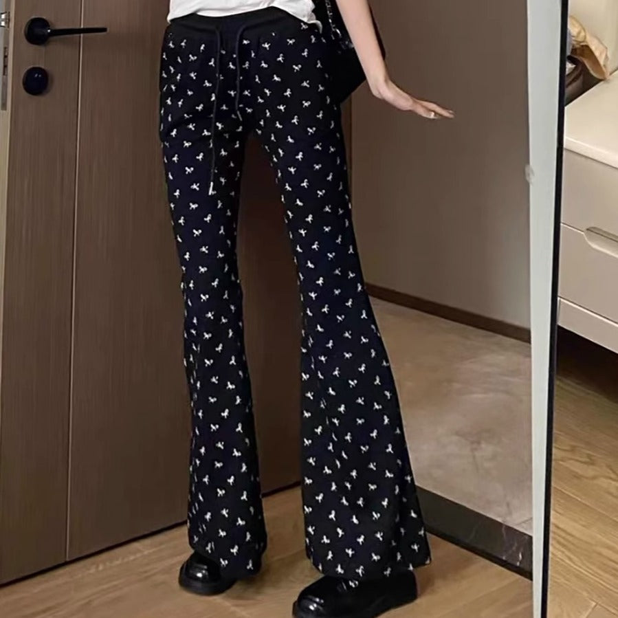 Elastic Waist Bow Print Flare Pants