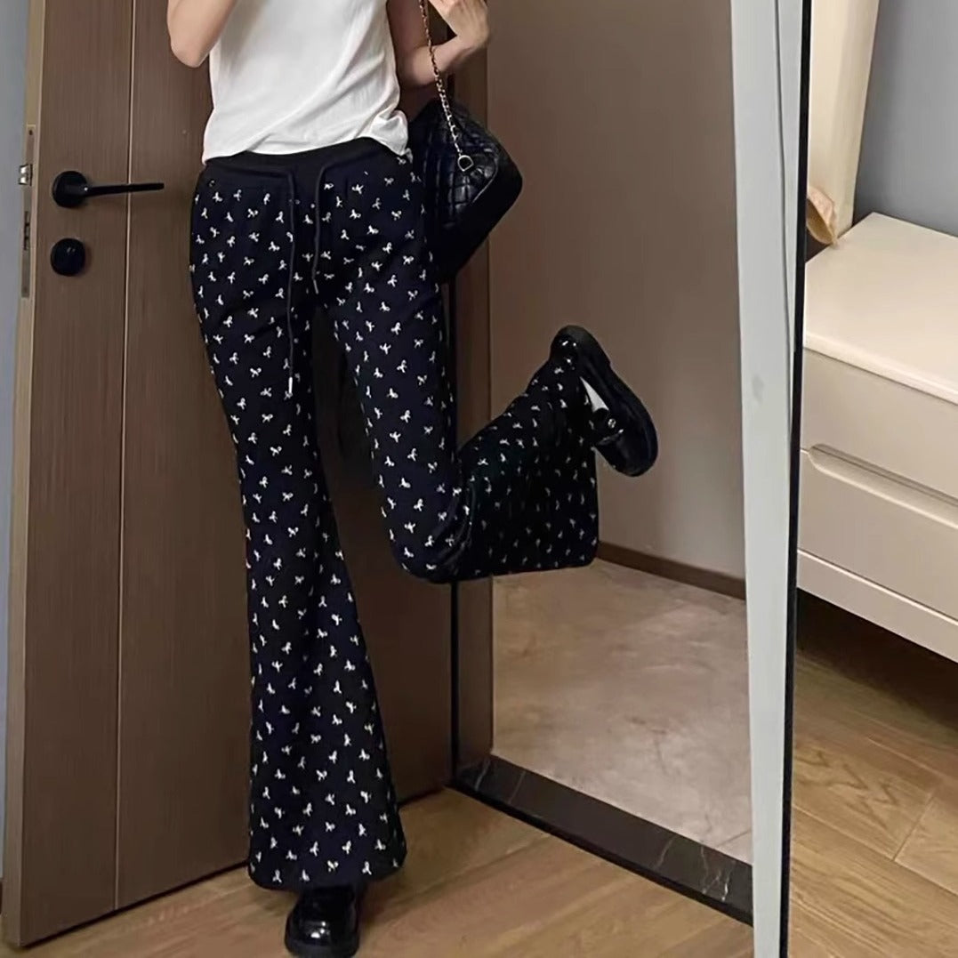 Elastic Waist Bow Print Flare Pants
