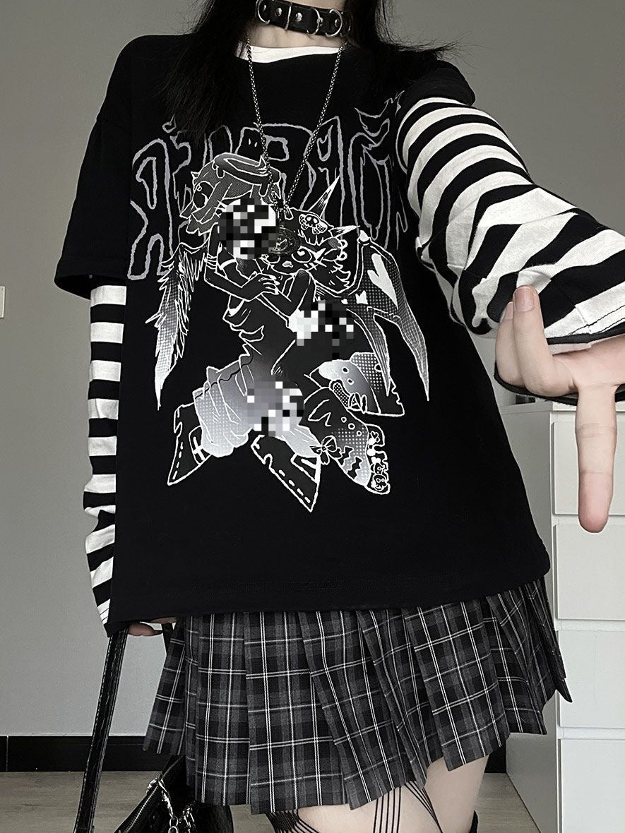 Emo Striped Sleeve Anime Femboy T-shirt