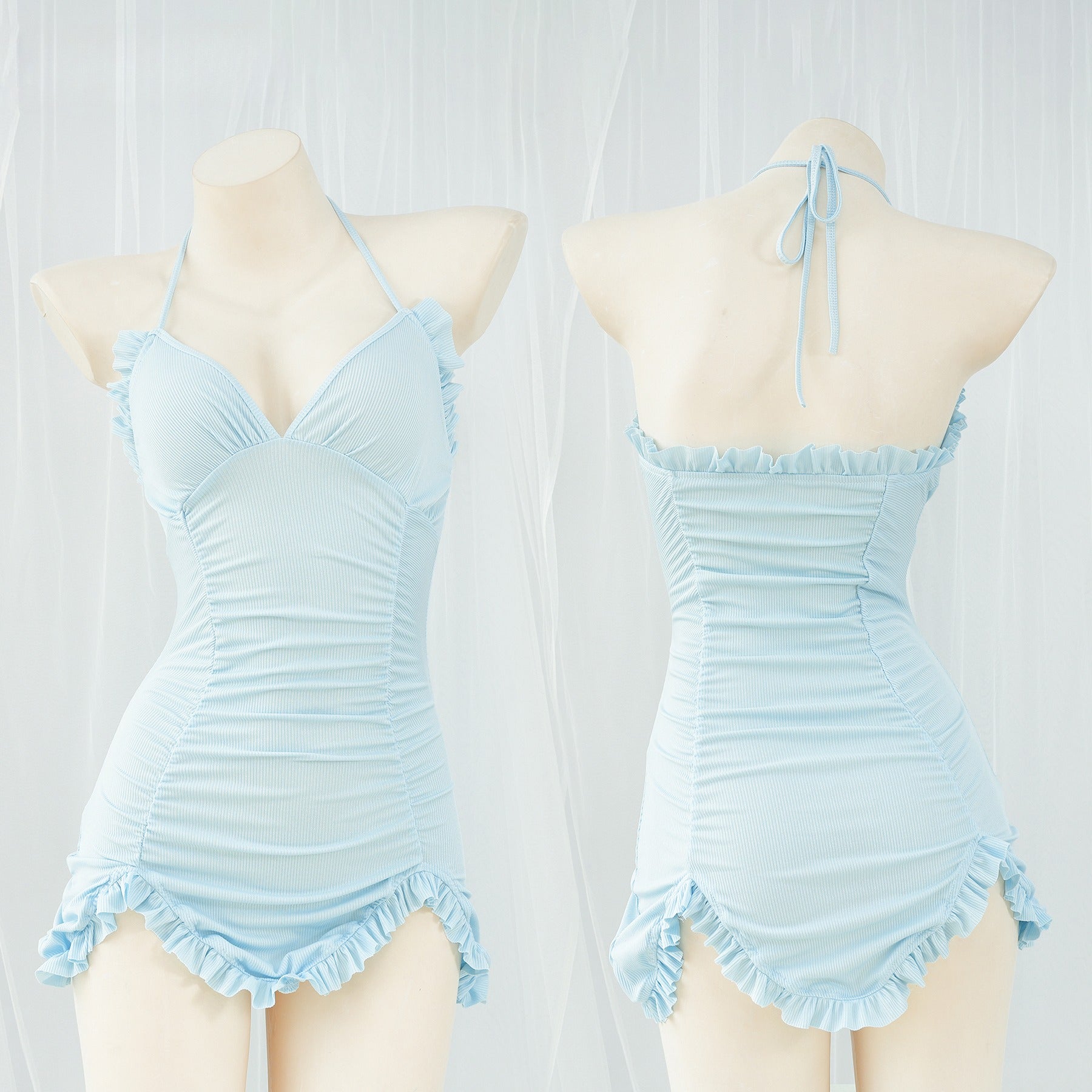 Femboy Shirred Ruffle Knit Mini Dress