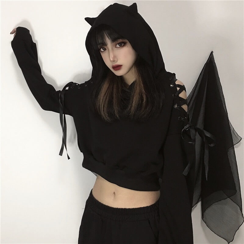 Gothic Cat Crop Top Hoodie