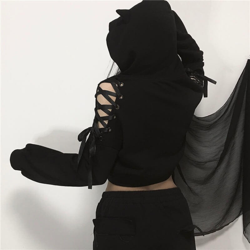Gothic Cat Crop Top Hoodie