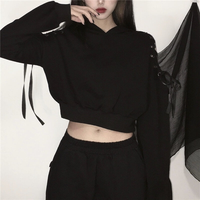 Gothic Cat Crop Top Hoodie