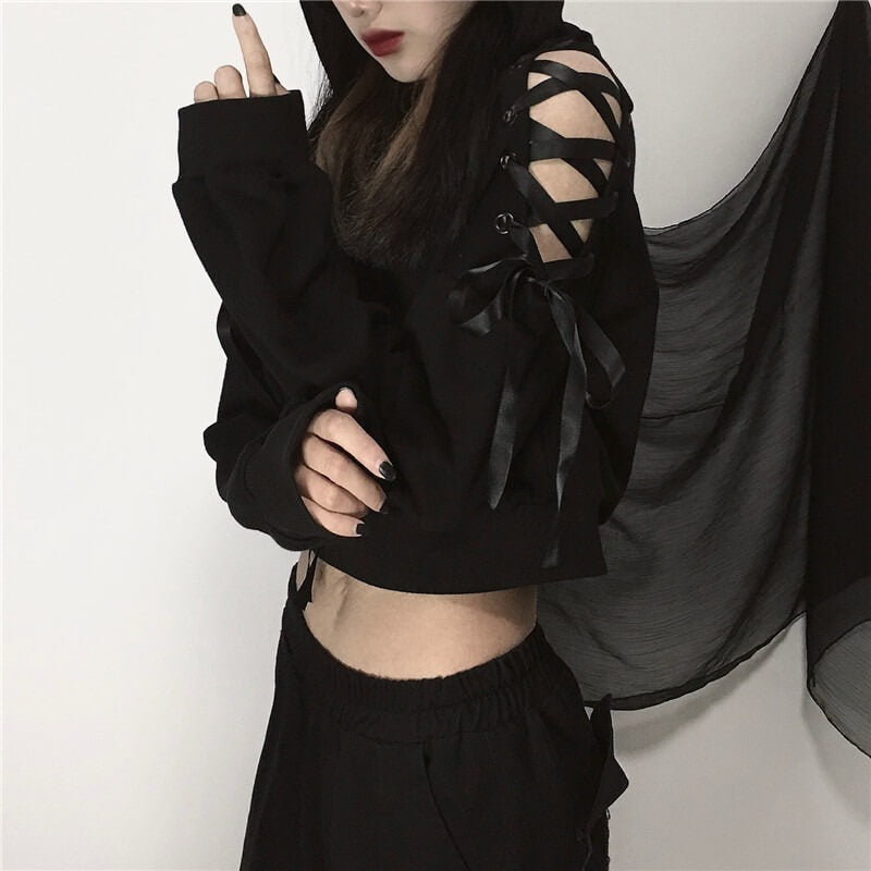 Gothic Cat Crop Top Hoodie