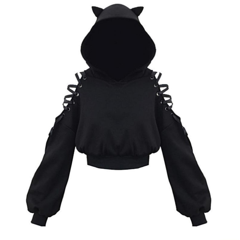 Gothic Cat Crop Top Hoodie