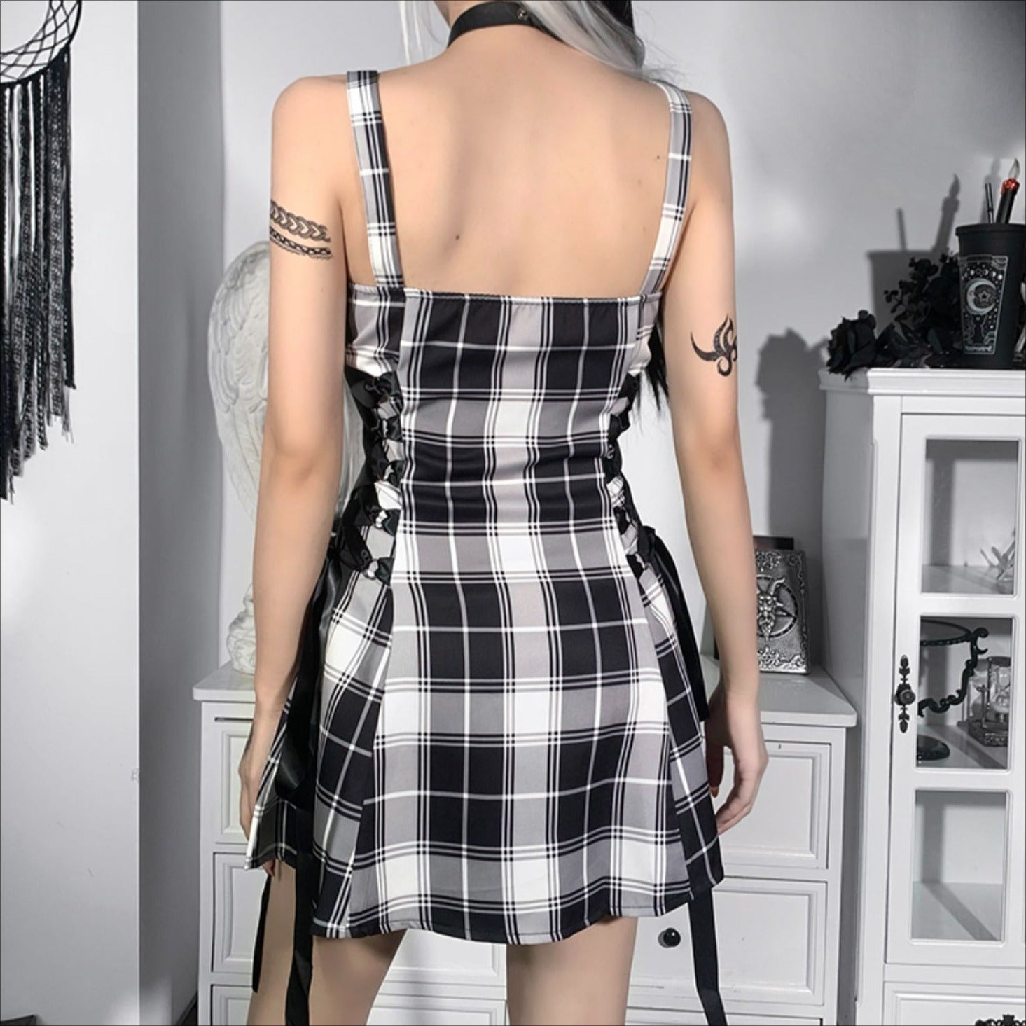 Gothic Plaid Femboy Suspender Dress